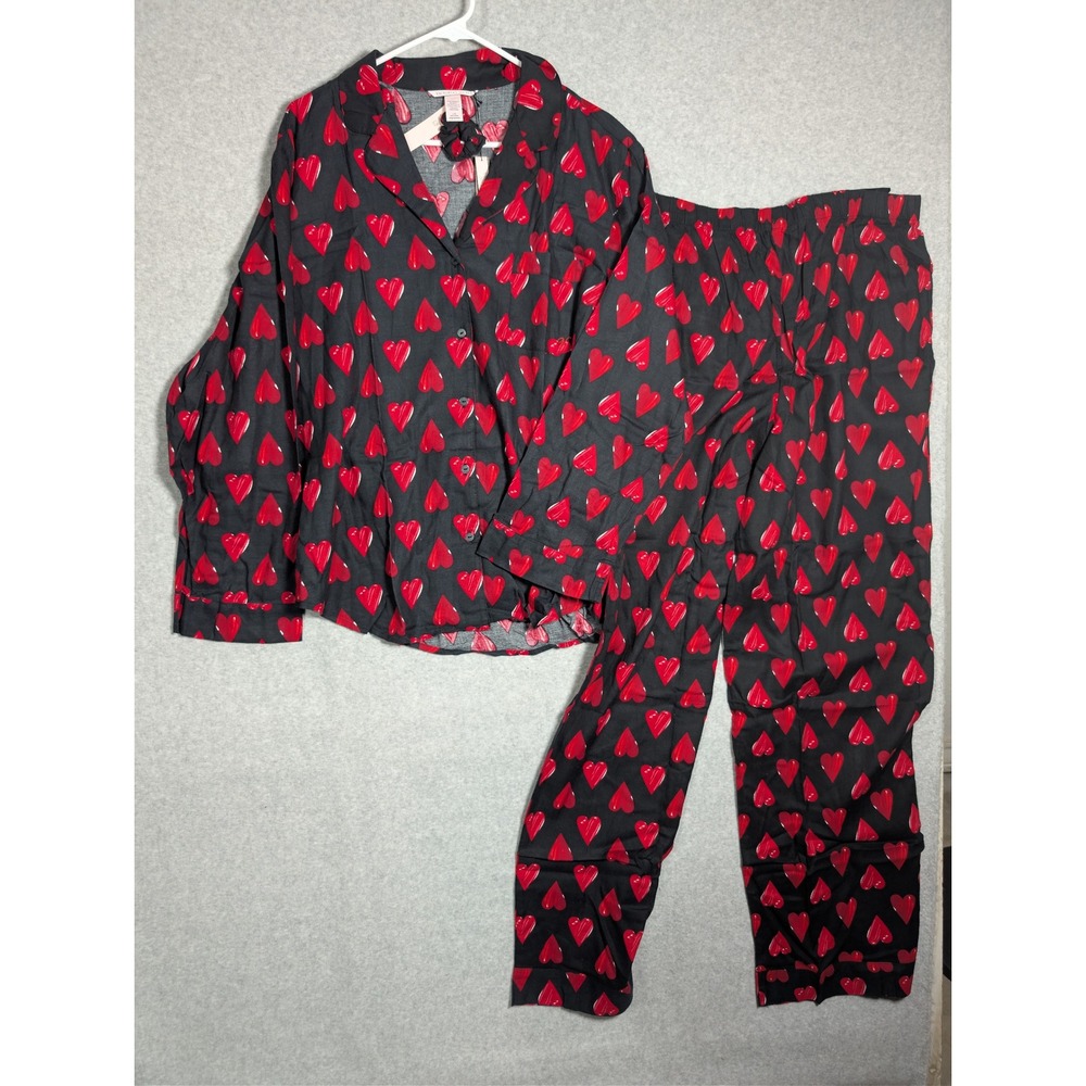 Victorias Secret Pajama Set Womens Large Black Red Heart Shirt Pants Scrunchie